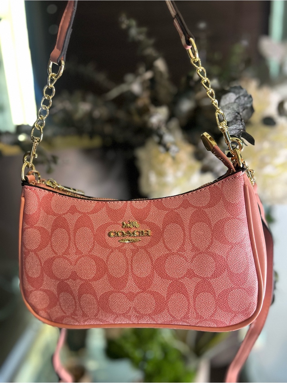 COACH Coral Pink Signature Chain-Trim Shoulder Bag